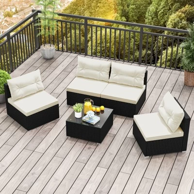 Tangkula 5 Pieces Outdoor Patio Furniture Set Sectional PE Rattan Sofa Set With Cushions And Tempered Glass Coffee Table 4 Tangkula 5 Pieces Outdoor Patio Furniture Set Sectional PE Rattan Sofa Set With Cushions And Tempered Glass Coffee Table - Image 2