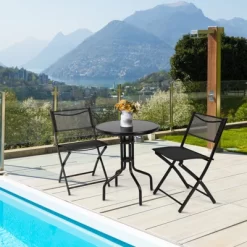 Tangkula 3-Piece Patio Bistro Dining Furniture Set, Outdoor Patio Conversation Set With Round Black Tempered Glass Tabletop And 2 Folding Chairs -Tangkula GUEST 669d6403 7a35 4de2 b3d1 12d83f63dde7