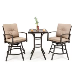 Tangkula Set Of 3 Swivel Bar Height Bistro Set Cushioned Table Stools Furniture Patio Outdoor