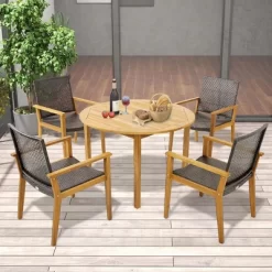 Tangkula 5 PCS Patio Dining Set Round Acacia Wood Table 4 Wicker Armchairs Outdoor Garden