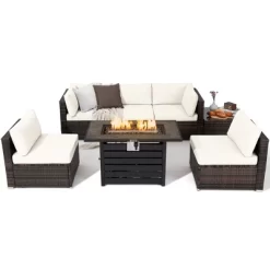 Tangkula 7PCS Patio Rattan Furniture Set 42" Fire Pit Table W/ Cover Cushioned -Tangkula GUEST 679eed14 de7f 4c18 9bd8 338c45e9c1a3