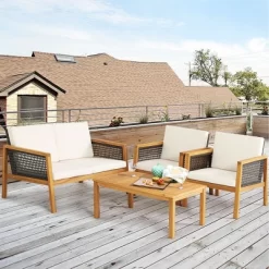 Tangkula 4PCS Patio Acacia Wood Furniture Set PE Rattan Conversation Set W/ Off White Cushions -Tangkula GUEST 67cc96da ac23 4f50 8880 b1adf93bdf95