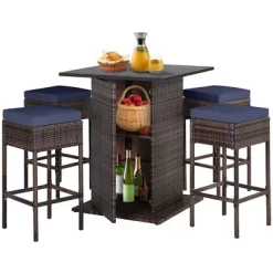 Tangkula Tangkula 5PCS Patio Bar Set Rattan Bar Furniture Set W/ Table & 4 Cushioned Stools Navy -Tangkula GUEST 684fa188 7551 40fd ae37 890d574ebe18