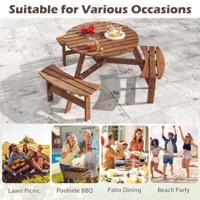 Tangkula 6-Person Round Picnic Table Set W/ 3 Built-in Benches 2" Umbrella Hole 9 Tangkula 6-Person Round Picnic Table Set W/ 3 Built-in Benches 2" Umbrella Hole - Image 7