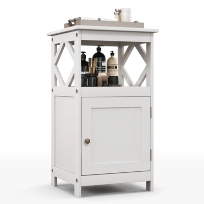 Tangkula Bathroom Floor Cabinet Single Door Storage Cabinet With Open Compartment Anti-Toppling Device Grey/White 12 Tangkula Bathroom Floor Cabinet Single Door Storage Cabinet With Open Compartment Anti-Toppling Device Grey/White - Image 10