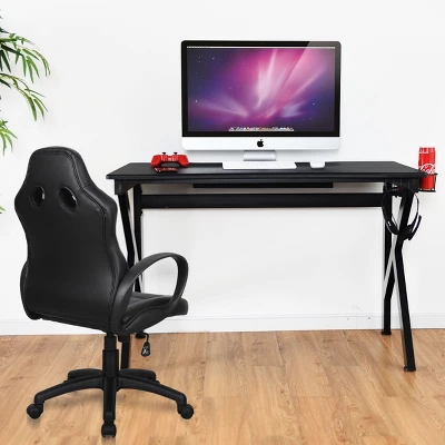 Tangkula K-Shape Gaming Desk Computer PC E-Sports Table W/ Cup Holder Hook Black 4 Tangkula K-Shape Gaming Desk Computer PC E-Sports Table W/ Cup Holder Hook Black - Image 2