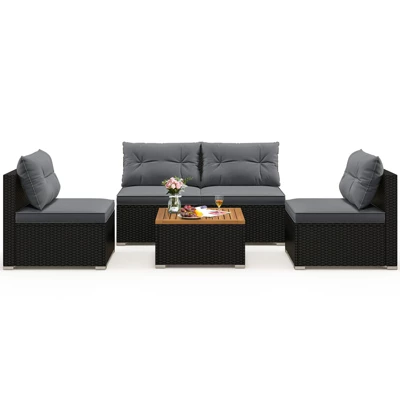 Tangkula Set Of 5 Rattan Sofa Set Outdoor Wicker Furniture Set W/Seat & Back Cushions Square Coffee Table Patio Sofa Set Gray 12 Tangkula Set Of 5 Rattan Sofa Set Outdoor Wicker Furniture Set W/Seat & Back Cushions Square Coffee Table Patio Sofa Set Gray - Image 10