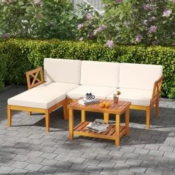 Tangkula L Shaped Outdoor Furniture Set 5 Pieces Acacia Wood Patio Conversation Set Modular Outdoor Lounge Sofa Set W/Cushions