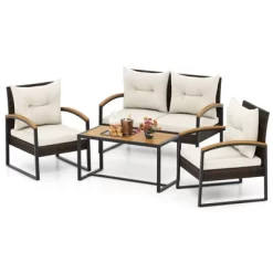 Tangkula 4 Piece Patio Conversation Set With Heavy Duty Solid Acacia Wood Armrests & Tabletop Outdoor Cushioned Wicker Furniture Set -Tangkula GUEST 697bf842 e35e 4e44 94cf 42b172a09beb
