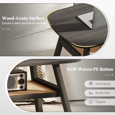 Tangkula 2-Tier Coffee Table W/ Rattan Storage Shelf & Rubber Wood Legs For Living Room 6 Tangkula 2-Tier Coffee Table W/ Rattan Storage Shelf & Rubber Wood Legs For Living Room - Image 4