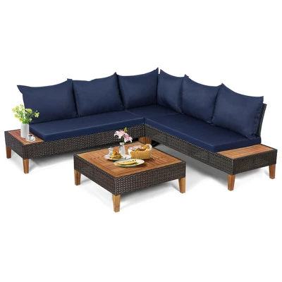 Tangkula 4PCS Acacia Wood Patio Furniture Set Rattan Conversation Set W/ Navy Cushions 5 Tangkula 4PCS Acacia Wood Patio Furniture Set Rattan Conversation Set W/ Navy Cushions - Image 3