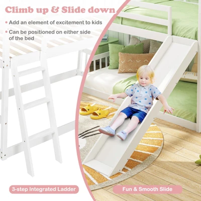 Tangkula Twin Over Twin House Bunk Bed W/ Slide Solid Wood Low Bunk Bed For Kids White 8 Tangkula Twin Over Twin House Bunk Bed W/ Slide Solid Wood Low Bunk Bed For Kids White - Image 6