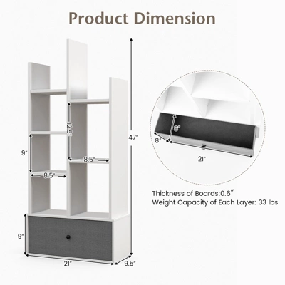 Tangkula Tree Shaped Bookcase With Drawer Free Standing Bookshelf With 7 Open Storage Shelves Tall Display Rack With Bookshelves White 10 Tangkula Tree Shaped Bookcase With Drawer Free Standing Bookshelf With 7 Open Storage Shelves Tall Display Rack With Bookshelves White - Image 8