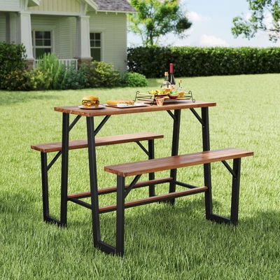 Tangkula Acacia Wood Picnic Table 4-Person Outdoor Table And Bench Set With 2 Built-in Benches Footrests Umbrella Hole Heavy-Duty Metal Frame 4 Tangkula Acacia Wood Picnic Table 4-Person Outdoor Table And Bench Set With 2 Built-in Benches Footrests Umbrella Hole Heavy-Duty Metal Frame - Image 2