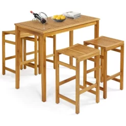 Tangkula 5 Pieces Patio Acacia Wood Bar Set Outdoor Bar Height Table & Saddle Stool Chairs Set -Tangkula GUEST 6b2004c1 62a5 429e bcef 9c070c9a3fe8