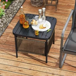 Tangkula 2 PCS Outdoor PE Rattan Side Table W/ 1.57" Umbrella Hole Square Patio End Table