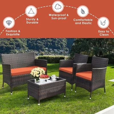 Tangkula 8PCS Patio Rattan Conversation Furniture Set Outdoor W/ Orange Cushion 6 Tangkula 8PCS Patio Rattan Conversation Furniture Set Outdoor W/ Orange Cushion - Image 4