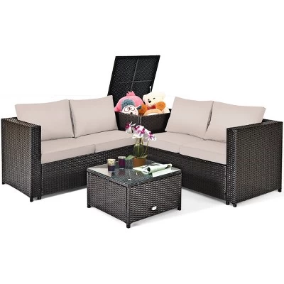 Tangkula 4 PCS Patio Rattan Furniture Set Wicker Conversation Set W/Storage Box 9 Tangkula 4 PCS Patio Rattan Furniture Set Wicker Conversation Set W/Storage Box - Image 7