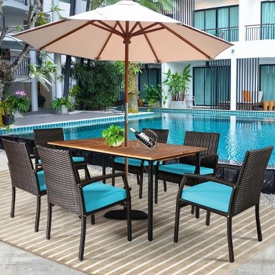 Tangkula 7- Piece Patio Dining Furniture Set Acacia Wood And Wicker Dining Table Armchairs Navy/Red/White/Turquoise 3 Tangkula 7- Piece Patio Dining Furniture Set Acacia Wood And Wicker Dining Table Armchairs Navy/Red/White/Turquoise