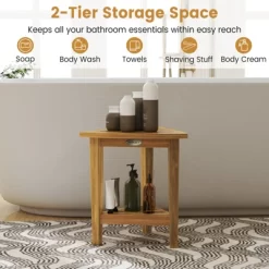 Tangkula Shower Stool Teak Wood Corner Bath Stool W/ Storage Shelf Shower Seat Chair -Tangkula GUEST 6e6e6a76 f96e 456e a964 424d576a0332