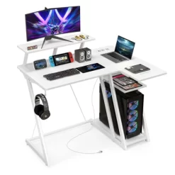 Tangkula Computer Desk W/ Built-in Charge Station Metal Frame Gaming Desk W/ Monitor Shelf Modern Writing Desk Workstation Table Black/White/Pink -Tangkula GUEST 6e8439a6 fa50 49a4 8ee1 9a20336a3cee