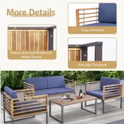 Tangkula 4PCS Acacia Wood Patio Conversation Set Outdoor Furniture Set W/ Navy Cushions -Tangkula GUEST 6ea0b9f3 8743 4c5c 8aee 190a16b83897