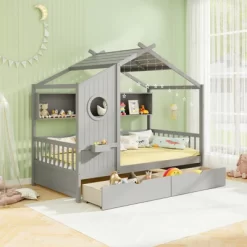 Tangkula Twin Size House Bed Kids Bed Frame W/ 2 Storage Drawers & Fence Guardrails -Tangkula GUEST 6ecd8c42 dbe4 4208 9d9f 747aeccc299e