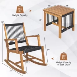 Tangkula 3 Piece Acacia Wood Rocking Chair Set W/ Coffee Table & All-Weather Rope Patio Poolside -Tangkula GUEST 6f03af11 a669 4f68 991b 3c6c61e89da4