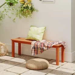 Tangkula Outdoor Solid Wood Bench Backless Dining Bench W/ Slatted Seat