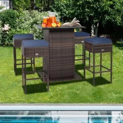 Tangkula Tangkula 5PCS Patio Bar Set Rattan Bar Furniture Set W/ Table & 4 Cushioned Stools Navy -Tangkula GUEST 6fbd8782 f2f1 42c0 9553 3288e8511607