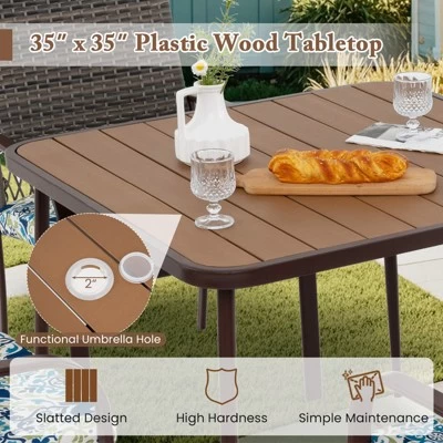 Tangkula 5 Pieces Patio Dining Set 4 Cushioned Rattan Armchairs & Square Table W/Wood-Plastic Tabletop & Umbrella Hole Outdoor Dining Table Set 3 Tangkula 5 Pieces Patio Dining Set 4 Cushioned Rattan Armchairs & Square Table W/Wood-Plastic Tabletop & Umbrella Hole Outdoor Dining Table Set