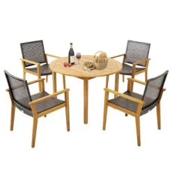 Tangkula 5 PCS Patio Dining Set Round Acacia Wood Table 4 Wicker Armchairs Outdoor Garden -Tangkula GUEST 7113b2fa 81ba 4bf6 a579 c9197d3f039b