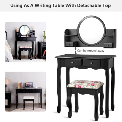 Tangkula Vanity Table Set W/Detachable Mirror & Stool Black/White 5 Tangkula Vanity Table Set W/Detachable Mirror & Stool Black/White - Image 3