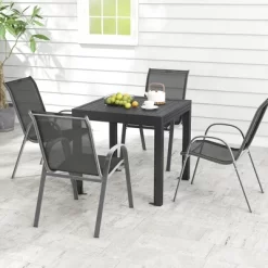 Tangkula 5 PCS Outdoor Dining Table Set W/ Extendable Aluminum Table & 4 Stackable Chairs