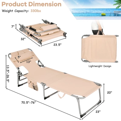 Tangkula Portable Beach Chaise Lounge Chair Folding Reclining Chair W/ Facing Hole Beige 4 Tangkula Portable Beach Chaise Lounge Chair Folding Reclining Chair W/ Facing Hole Beige - Image 2