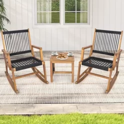 Tangkula 3 Piece Acacia Wood Rocking Chair Set W/ Coffee Table & All-Weather Rope Patio Poolside -Tangkula GUEST 72fd15f5 6a3c 43e3 b52a 419a7feb714e