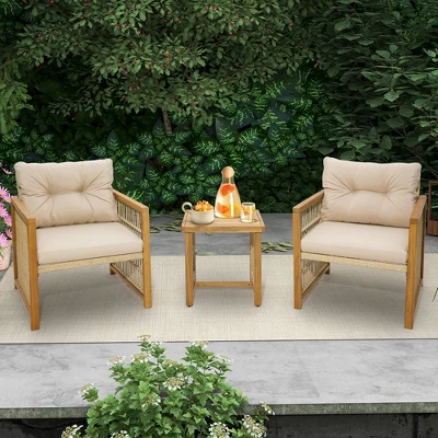 Tangkula 3PCS Patio Acacia Wood PE Wicker Furniture Set W/ Soft Seat & Back Cushions 4 Tangkula 3PCS Patio Acacia Wood PE Wicker Furniture Set W/ Soft Seat & Back Cushions - Image 2