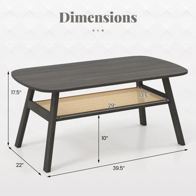 Tangkula 2-Tier Coffee Table W/ Rattan Storage Shelf & Rubber Wood Legs For Living Room 9 Tangkula 2-Tier Coffee Table W/ Rattan Storage Shelf & Rubber Wood Legs For Living Room - Image 7