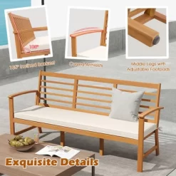 Tangkula 3-Seat Patio 64 Inch Wood Bench W/ Seat Cushion Slatted Seat & Backrest Outdoor -Tangkula GUEST 74664ce4 3660 42b4 a8c1 a62d37621053