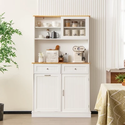 Tangkula Double Tilt Out Trash Cabinet W/ Hutch Kitchen Pantry Storage Cabinet White 4 Tangkula Double Tilt Out Trash Cabinet W/ Hutch Kitchen Pantry Storage Cabinet White - Image 2