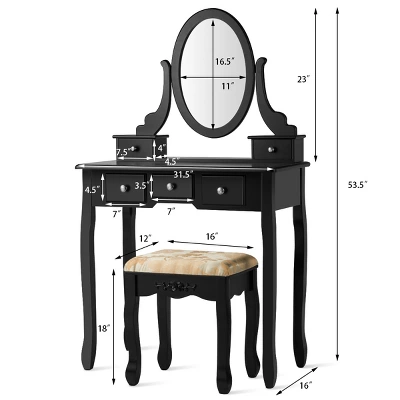 Tangkula Vanity Table Set W/ 360° Rotating Oval Mirror & Drawers Black/White 4 Tangkula Vanity Table Set W/ 360° Rotating Oval Mirror & Drawers Black/White - Image 2