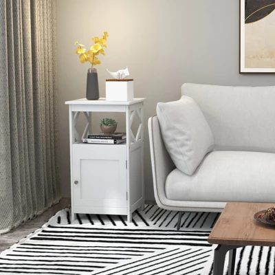 Tangkula Bathroom Floor Cabinet Single Door Storage Cabinet With Open Compartment Anti-Toppling Device Grey/White 4 Tangkula Bathroom Floor Cabinet Single Door Storage Cabinet With Open Compartment Anti-Toppling Device Grey/White - Image 2