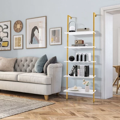 Tangkula 5 Tier Ladder Shelf 71" Open Wall-Mounted Bookcase With Golden Steel Frame 4 Tangkula 5 Tier Ladder Shelf 71" Open Wall-Mounted Bookcase With Golden Steel Frame - Image 2