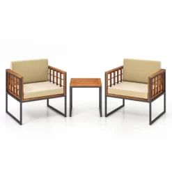 Tangkula 3 Pieces Patio Furniture Set Acacia Wood Bistro Conversation Set W/ 2 Cushioned Chairs Beige -Tangkula GUEST 75581f9c f4bc 4910 9182 a75e03fa2ccd