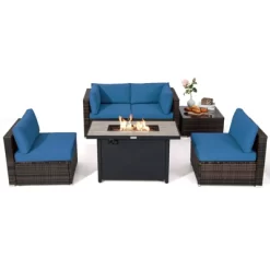 Tangkula 6 Pieces Outdoor PE Rattan Wicker Sectional Sofa With 42" 60,000 BTU Gas Fire Pit Table, Patio Conversation Set With Tempered Glass Coffee Table Black/Navy Blue/Red/Turquoise/Off White -Tangkula GUEST 75d8f7d9 d109 49f5 b80c aa21d11ffa33