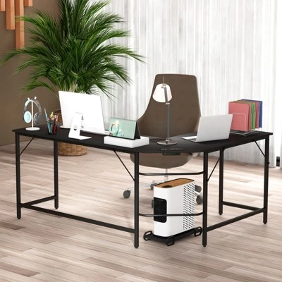 Tangkula L-Shaped Desk With Power Outlet 66” Computer Corner Desk With CPU Stand & Heavy-duty Metal Frame Rustic Brown/Black 8 Tangkula L-Shaped Desk With Power Outlet 66” Computer Corner Desk With CPU Stand & Heavy-duty Metal Frame Rustic Brown/Black - Image 6