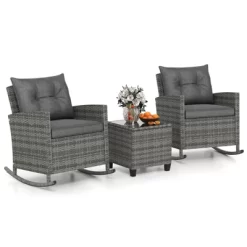 Tangkula Set Of 3 Wicker Rocking Set Patio W/ Tempered Glass Table & Soft Cushions -Tangkula GUEST 779e2c8d 1a8c 4073 8382 e656ff7795f8