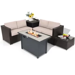 Tangkula 5PCS Patio Rattan Furniture Set Fire Pit Table W/ Cover Storage Cushion -Tangkula GUEST 779f3416 11ee 4092 9ac6 3b81eaed1ee3