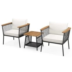 Tangkula Set Of 3 Furniture Set W/ 2-Tier Coffee Table Acacia Wood Armrests Tabletop Patio