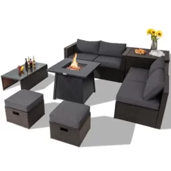 Tangkula 9PCS Outdoor Patio Furniture Set With 30" Propane Fire Pit Table PE Wicker Space-Saving Sectional Sofa Set W/ Storage Box & Cushions -Tangkula GUEST 77f1c9ad a4d5 4201 9709 d012efe6db5d